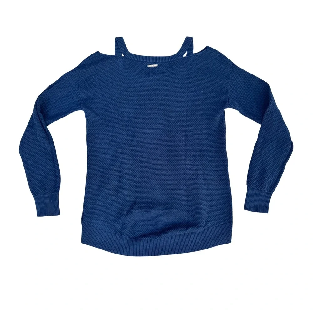 Michael Kors Womens Navy Blue Cold Shoulder Waffle Knit Cotton Sweater Size M